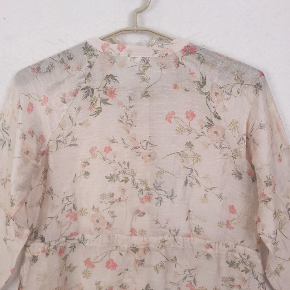 J Jill Top Tunic Sz S Floral Linen Blend Drawstring Waist Coastal Vocation Sheer - Picture 12 of 14